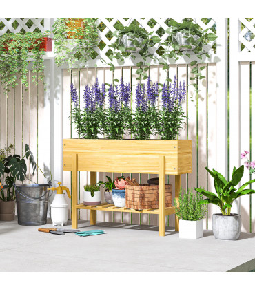 Outsunny Wooden Raised Bed w/ Bed Liner, Storage Shelf, Natural Wood Finish