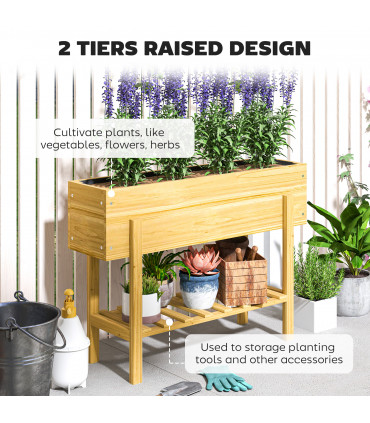 Outsunny Wooden Raised Bed w/ Bed Liner, Storage Shelf, Natural Wood Finish