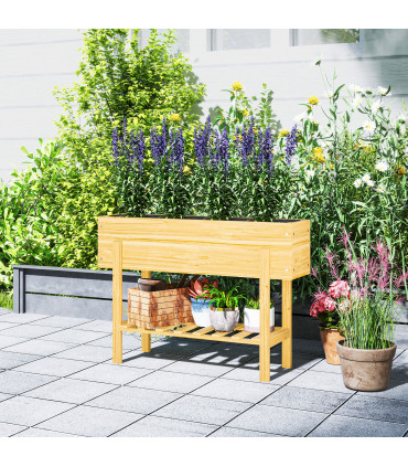 Outsunny Wooden Raised Bed w/ Bed Liner, Storage Shelf, Natural Wood Finish