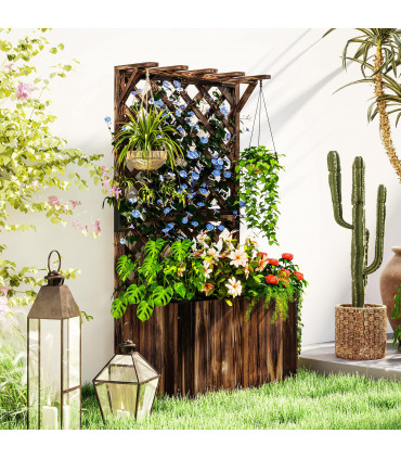 Outsunny Wooden Planter with Trellis and Drainage Holes, Carbonised