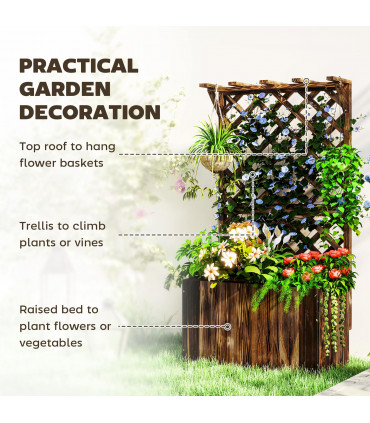 Outsunny Wooden Planter with Trellis and Drainage Holes, Carbonised