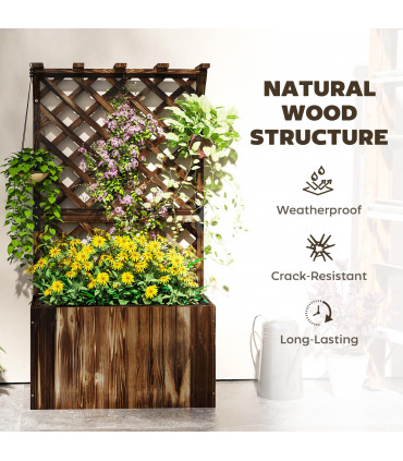 Outsunny Wooden Planter with Trellis and Drainage Holes, Carbonised