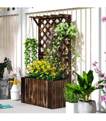 Outsunny Wooden Planter with Trellis and Drainage Holes, Carbonised