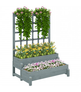 Outsunny 2-Tier Wooden Raised Bed with Trellis and Drainage Holes, Grey