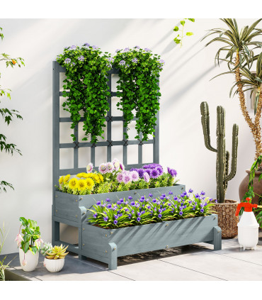 Outsunny 2-Tier Wooden Raised Bed with Trellis and Drainage Holes, Grey