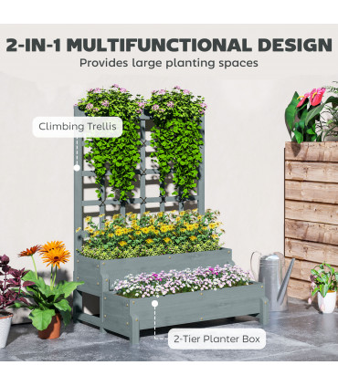 Outsunny 2-Tier Wooden Raised Bed with Trellis and Drainage Holes, Grey