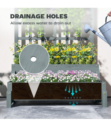 Outsunny 2-Tier Wooden Raised Bed with Trellis and Drainage Holes, Grey