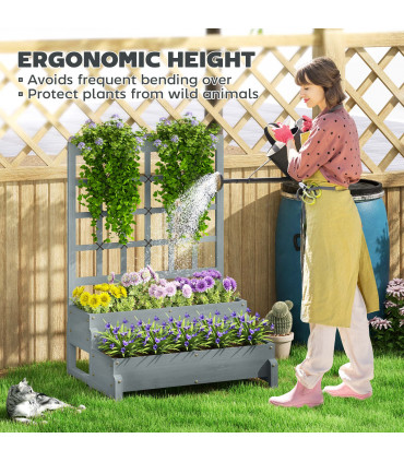 Outsunny 2-Tier Wooden Raised Bed with Trellis and Drainage Holes, Grey