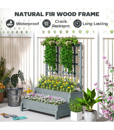 Outsunny 2-Tier Wooden Raised Bed with Trellis and Drainage Holes, Grey