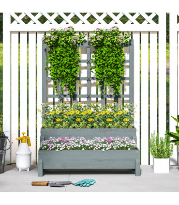 Outsunny 2-Tier Wooden Raised Bed with Trellis and Drainage Holes, Grey