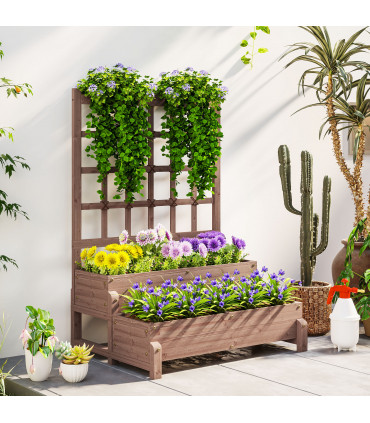 Outsunny 2-Tier Wooden Raised Bed with Trellis and Drainage Holes, Brown