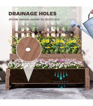 Outsunny 2-Tier Wooden Raised Bed with Trellis and Drainage Holes, Brown