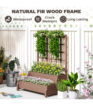 Outsunny 2-Tier Wooden Raised Bed with Trellis and Drainage Holes, Brown