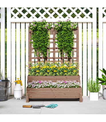 Outsunny 2-Tier Wooden Raised Bed with Trellis and Drainage Holes, Brown