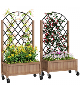Outsunny Pack of 2 Wooden Raised Bed, Outdoor Planter Box w/ Metal Trellis