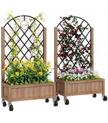 Outsunny Pack of 2 Wooden Raised Bed, Outdoor Planter Box w/ Metal Trellis