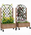 Outsunny Pack of 2 Wooden Raised Bed, Outdoor Planter Box w/ Metal Trellis