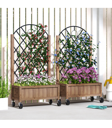 Outsunny Pack of 2 Wooden Raised Bed, Outdoor Planter Box w/ Metal Trellis