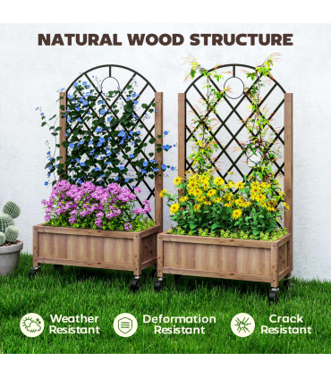 Outsunny Pack of 2 Wooden Raised Bed, Outdoor Planter Box w/ Metal Trellis