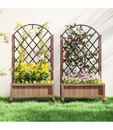 Outsunny Pack of 2 Wooden Raised Bed, Outdoor Planter Box w/ Metal Trellis