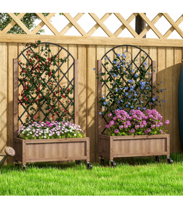 Outsunny Pack of 2 Wooden Raised Bed, Outdoor Planter Box w/ Metal Trellis