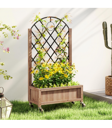 Outsunny Wooden Raised Bed, Outdoor Planter Box w/ Metal Trellis