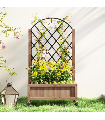 Outsunny Wooden Raised Bed, Outdoor Planter Box w/ Metal Trellis