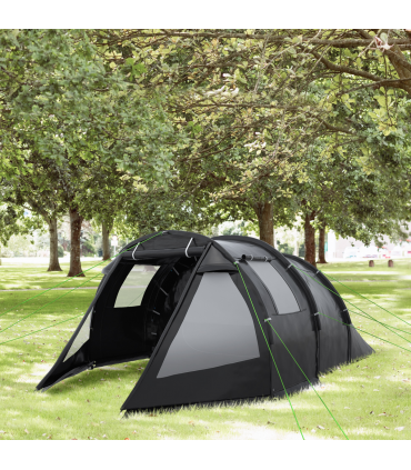 Outsunny 3-4 Persons Tunnel Tent, Two Room Camping Tent w/ Windows, Black