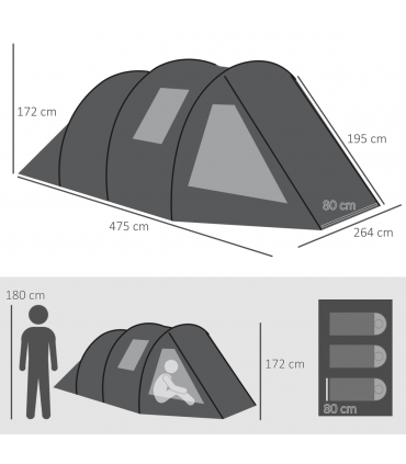 Outsunny 3-4 Persons Tunnel Tent, Two Room Camping Tent w/ Windows, Black