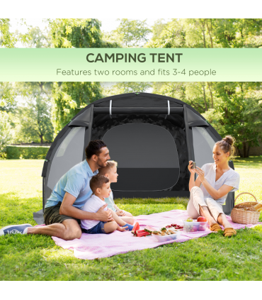Outsunny 3-4 Persons Tunnel Tent, Two Room Camping Tent w/ Windows, Black