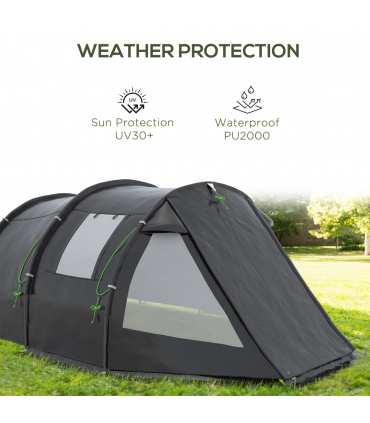 Outsunny 3-4 Persons Tunnel Tent, Two Room Camping Tent w/ Windows, Black