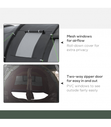 Outsunny 3-4 Persons Tunnel Tent, Two Room Camping Tent w/ Windows, Black