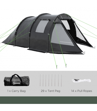 Outsunny 3-4 Persons Tunnel Tent, Two Room Camping Tent w/ Windows, Black