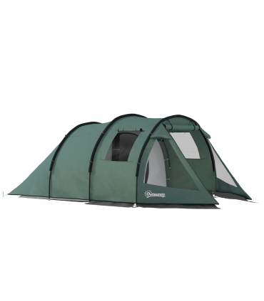 Outsunny 3-4 Persons Tunnel Tent, Two Room Camping Tent w/ Windows, Green