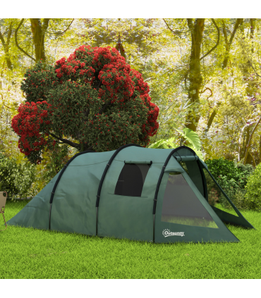 Outsunny 3-4 Persons Tunnel Tent, Two Room Camping Tent w/ Windows, Green