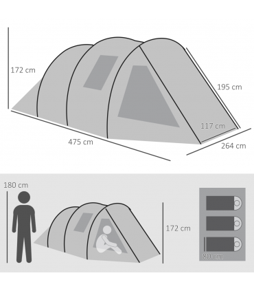 Outsunny 3-4 Persons Tunnel Tent, Two Room Camping Tent w/ Windows, Green