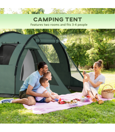 Outsunny 3-4 Persons Tunnel Tent, Two Room Camping Tent w/ Windows, Green