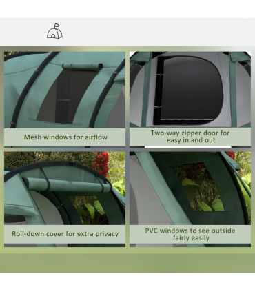 Outsunny 3-4 Persons Tunnel Tent, Two Room Camping Tent w/ Windows, Green