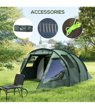 Outsunny 3-4 Persons Tunnel Tent, Two Room Camping Tent w/ Windows, Green