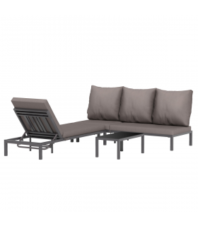 Outsunny 3-PCS PE Rattan Lounge Set, Aluminium Recliner Sofa Bed Set, Grey
