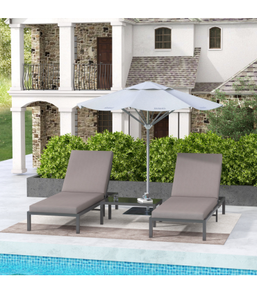 Outsunny 3-PCS PE Rattan Lounge Set, Aluminium Recliner Sofa Bed Set, Grey