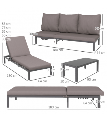 Outsunny 3-PCS PE Rattan Lounge Set, Aluminium Recliner Sofa Bed Set, Grey