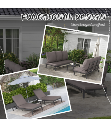Outsunny 3-PCS PE Rattan Lounge Set, Aluminium Recliner Sofa Bed Set, Grey