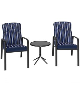 Outsunny 3-Piece Recliner Garden Chairs and Tempered Glass Table Set, Blue