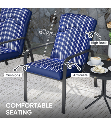 Outsunny 3-Piece Recliner Garden Chairs and Tempered Glass Table Set, Blue