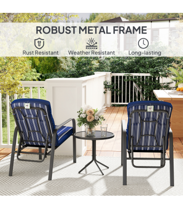 Outsunny 3-Piece Recliner Garden Chairs and Tempered Glass Table Set, Blue