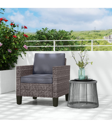 Outsunny Single Rattan Chair, Garden Armchair with Cushions, Dark Grey