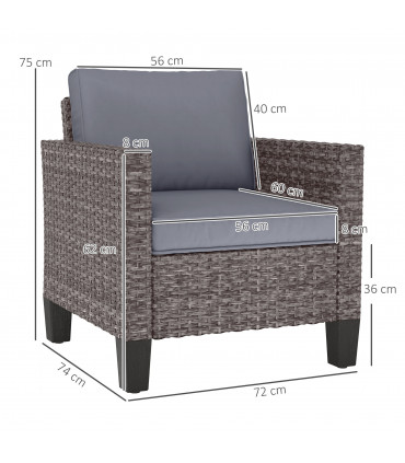 Outsunny Single Rattan Chair, Garden Armchair with Cushions, Dark Grey