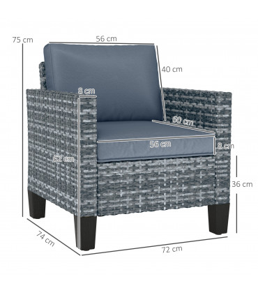 Outsunny Single Rattan Chair, Garden Armchair with Cushions, Light Grey