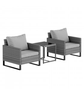 Outsunny 3PCS Rattan Bistro Set Glass Top Table and Chairs with 4 Cushions Grey